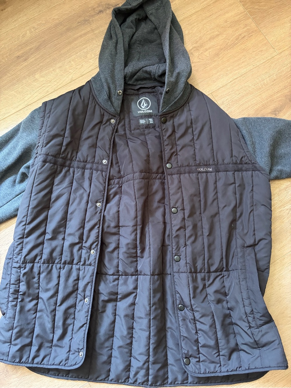Volcom Quilted Hooded Jacket in Dark Gray and Charcoal